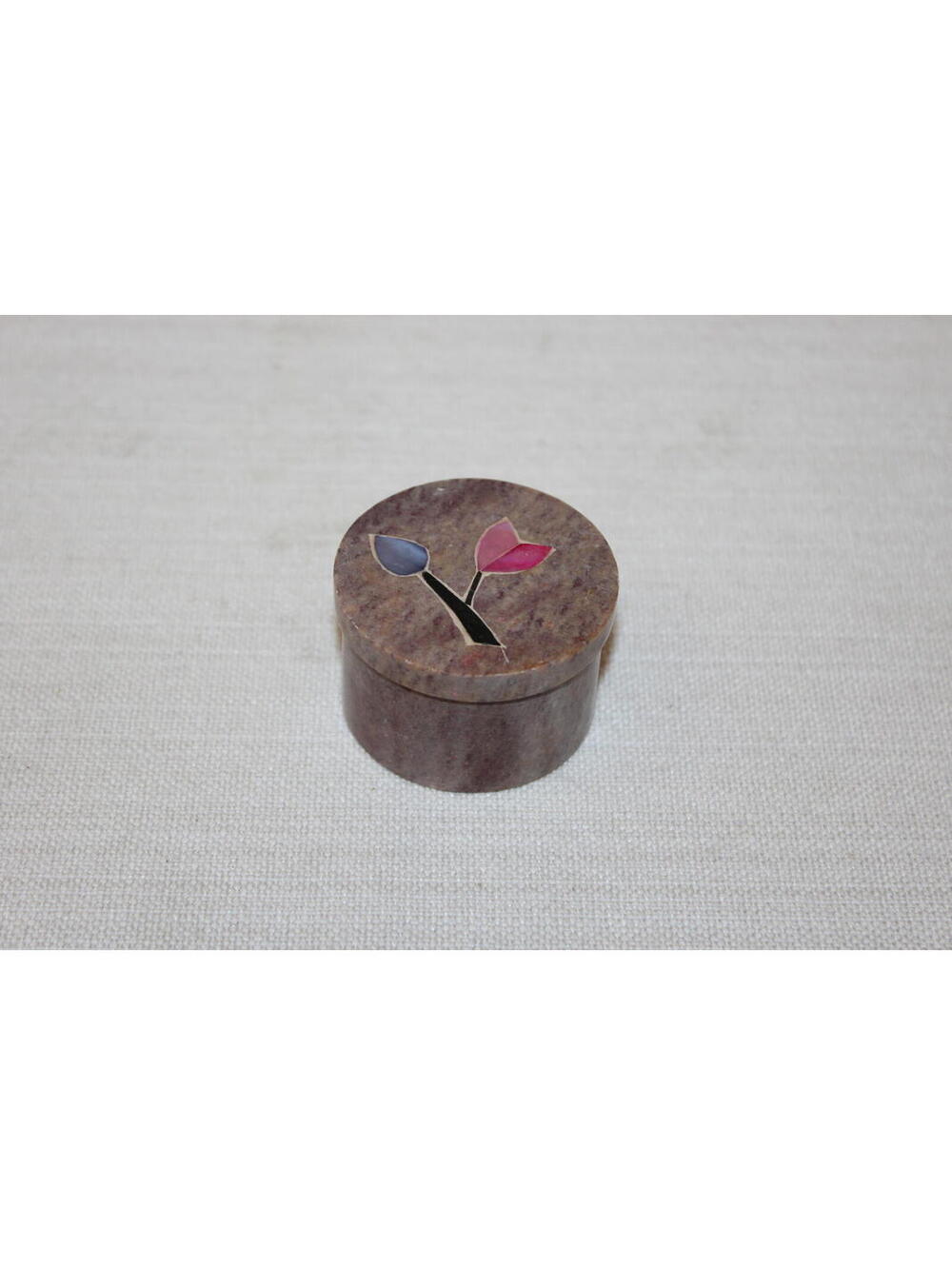 Vintage Soapstone Trinket Box Handmade India Floral Inlay Round Pill Box